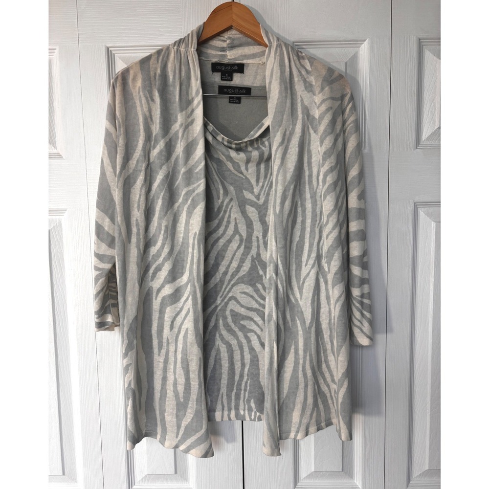August Silk Zebra Print 2pc Twin Set Cardigan Tank‎ Grey Linen Blend Sz Medium